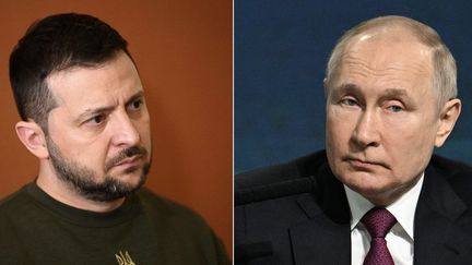 Un montage, créé le 13 février 2023, d'une photo du président ukrainien Volodymyr Zelensky et de son homologue russe Vladimir Poutine. (PAVEL BEDNYAKOV / MANDEL NGAN / SPUTNIK / AFP)