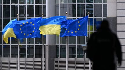 Les drapeaux de l'Union européenne et de l'Ukraine, devant le Parlement européen à Bruxelles (Belgique), le 24 février 2025. (JOHN THYS / AFP)