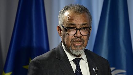 Le directeur général de l'Organisation mondiale de la santé (OMS), Tedros Adhanom Ghebreyesus, à Berlin (Allemagne), le 2 avril 2025. (JOHN MACDOUGALL / AFP)