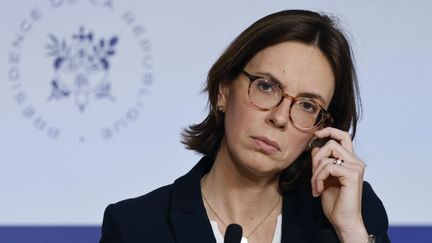 La ministre chargée des Comptes publics, Amélie de Montchalin, le 16 avril 2025 à Paris. (LUDOVIC MARIN / AFP)