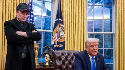 Elon Musk et Donald Trump s'expriment depuis le Bureau ovale, à la Maison Blanche (Washington), le 11 février 2025. (JIM WATSON / AFP)