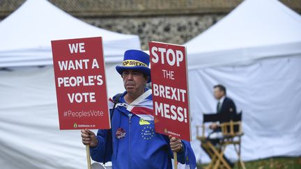 Un homme proteste devant le parlement britannique le 15 novembre 2018 contre l'accord négocié par Theresa May avec l'Union européenne sur le Brexit. (MAXPPP)