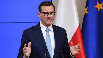 Le Premier ministre polonais&nbsp;Mateusz Morawiecki à Bruxelles (Belgique), le 22 octobre 2021. (JOHN THYS / AFP)