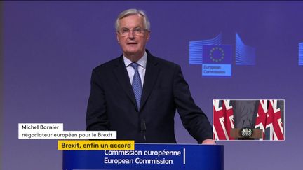 Michel Barnier, le 24 décembre 2020, à l'annonce de l'accord trouvé entre Bruxelles et Londres sur l'après Brexit.&nbsp; (FRANCEINFO)