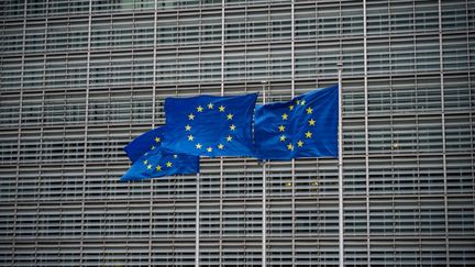 &nbsp;Des drapeaux de l'Union europeenne flottent devant le siège de la Commission europeenne a Bruxelles, le 26 decembre 2020. (LO?S DENIS / HANS LUCAS / AFP)