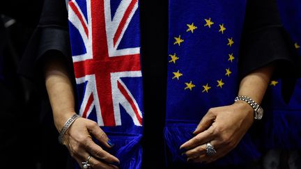 Une eurodéputée porte une écharpe aux couleurs du Royaume-Uni et de l'Union européenne, le 29 janvier 2020 à Bruxelles (Belgique). (JOHN THYS / AFP)